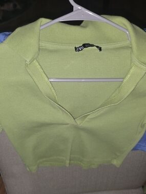Zara Bright Lime Green Ribbed Polo Crop & Blue.